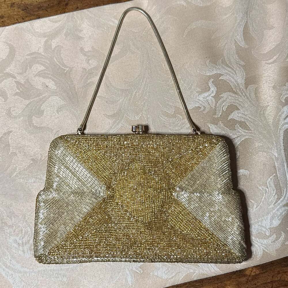 Vintage Magid Gold Beaded Evening Clutch w/ Chain Strap